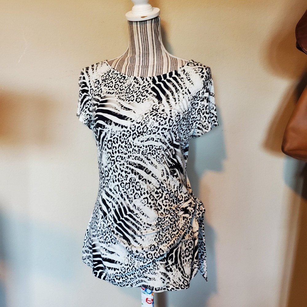 Lafayette 148 New York Animal Print Side Tie Top Black White Zebra Leopard L‎